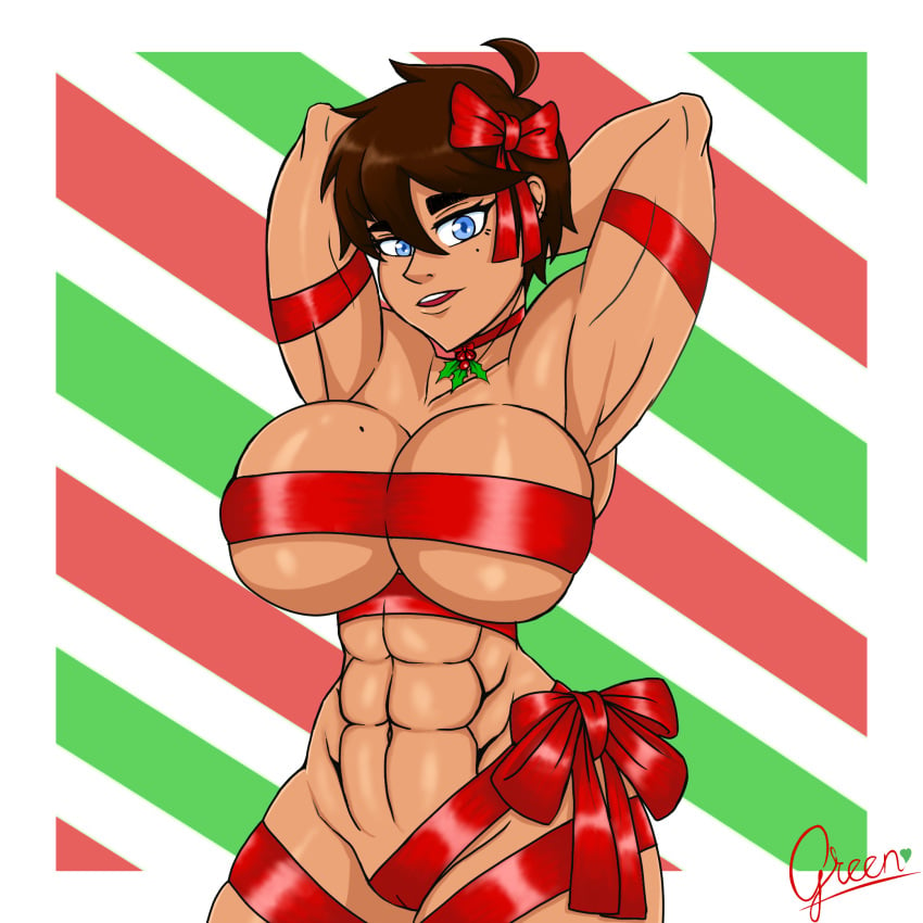 1girls abs angel_(greenlove) big_breasts blue_eyes christmas dark-skinned_female dark_skin gift_wrapped greenlove looking_at_viewer mistletoe muscular_female oc original_character pixie_cut ribbon ribbon_between_breasts short_hair solo solo_female tan-skinned_female tanned_skin tomboy