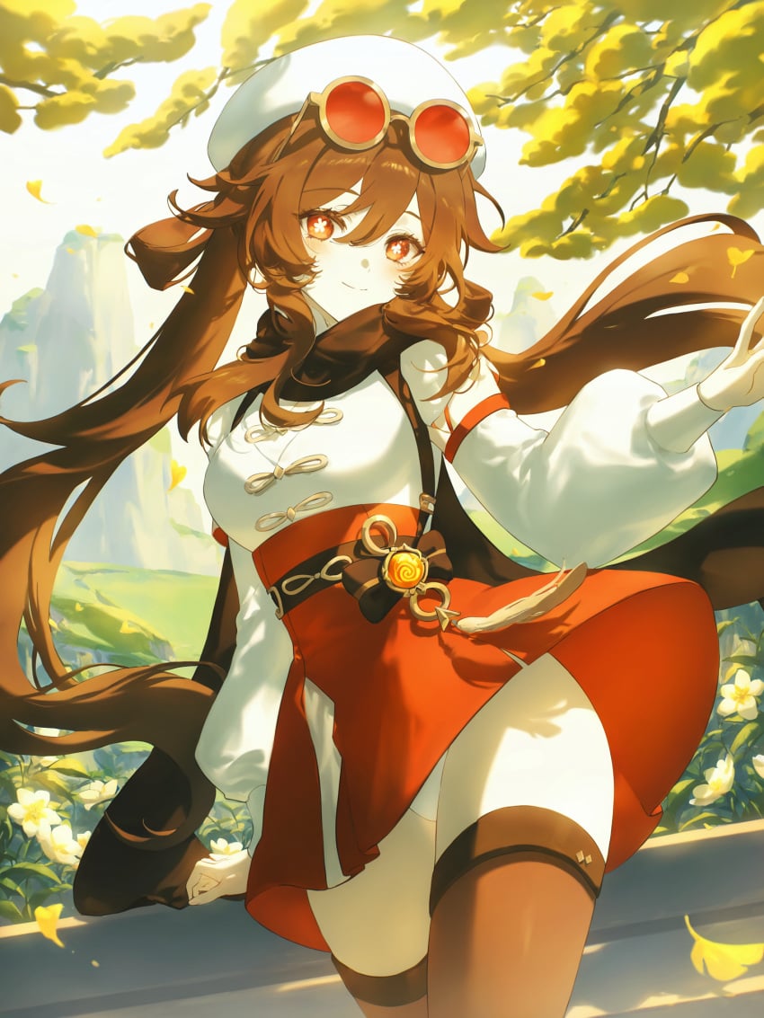 absurd_res ai_generated alternate_costume black_sash black_scarf black_thighhighs blush bow branch breasts brown_hair brown_thighhighs closed_mouth cowboy_shot day detached_sleeves eyewear_on_head falling_leaves floating_hair flower flower-shaped_pupils genshin_impact hair_between_eyes hand_up hat high-waist_skirt hu_tao_(genshin_impact) jewelry leaf long_hair long_sleeves looking_at_viewer medium_breasts ministro mountain outdoors panties pantyshot plum_blossoms puffy_long_sleeves puffy_sleeves red-tinted_eyewear red_eyes red_skirt round_eyewear scarf shirt sidelocks skirt smile solo standing sunglasses symbol-shaped_pupils tassel thighhighs thighs tinted_eyewear tree twintails underwear very_long_hair white_flower white_headwear white_panties white_shirt white_sleeves wind yellow_flower