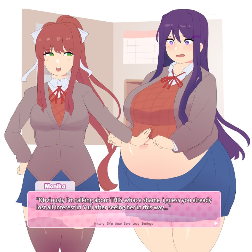 2girls big_belly big_breasts blush brown_hair clothed clothing color doki_doki_literature_club duharu embarrassed fat fat_belly fat_shaming female female_only green_eyes hand_on_belly humiliation long_hair monika_(doki_doki_literature_club) napolitane navel outgrowing_clothes overweight plump purple_eyes purple_hair school_uniform scolding text wardrobe_malfunction yuri_(doki_doki_literature_club)