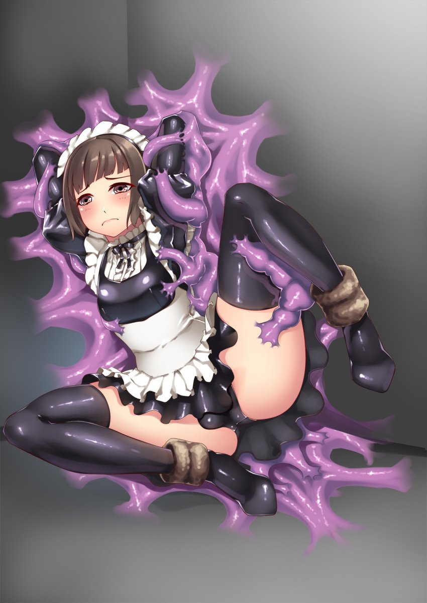 1boy androgynous apron arms_behind_head arms_up balls_in_panties blush boots brown_eyes brown_hair bulge crossdressing femboy frown girly hiememiko high_heel_boots high_heels highres imminent_rape maid maid_headdress male medium_breasts monster panties penis_in_panties penis_under_apron penis_under_dress puffy_sleeves restrained slime slime_monster solo solo_male spread_legs tentacle_on_male tentacles thigh_boots thighhighs trap underwear