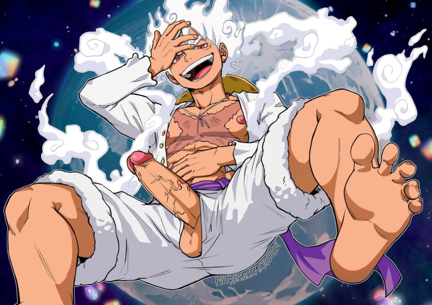 akuma_no_mi big_penis gomu_gomu_no_mi gomu_gomu_no_mi_(gear_5) jasdavi male male_only monkey_d_luffy one_piece penis post-timeskip scar solo uncensored veiny_penis