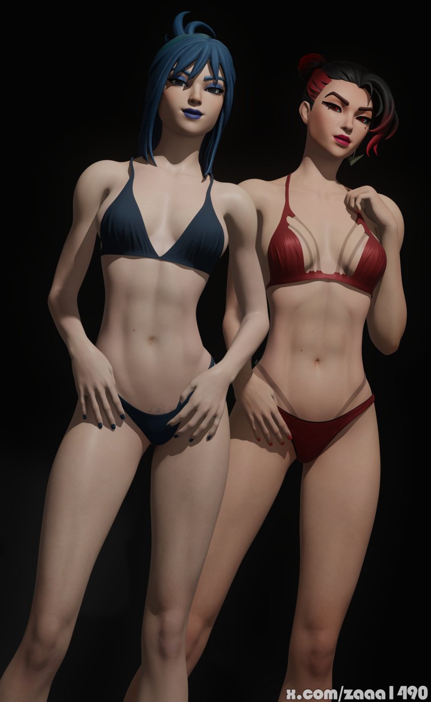 2girls 3d blender blue_hair bra female/female female_only female_with_female fortnite fortnite:_battle_royale hope_(fortnite) lingerie looking_at_viewer only_female painted_nails panties posing posing_for_the_viewer red_hair standing underwear valeria_(fortnite) zaaa1490