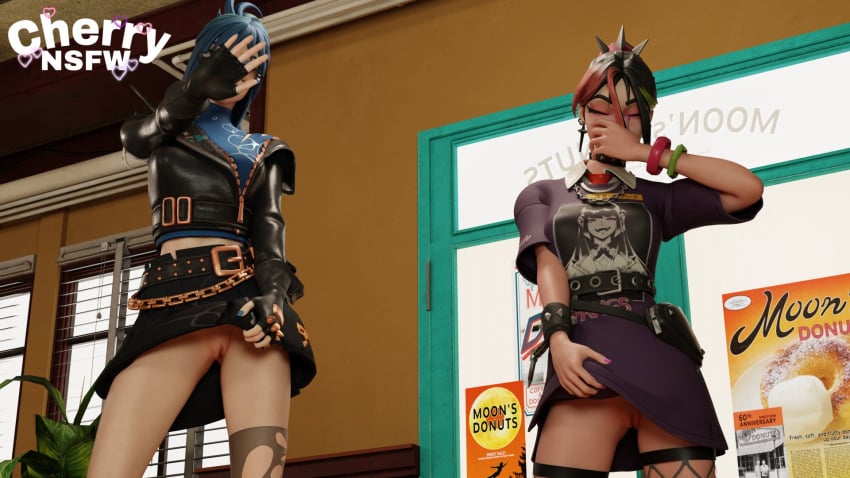 cherrynsfw embarrassed female helsie_(fortnite) hope_(fortnite) lifting_skirt no_panties