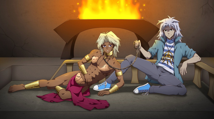 catnappe143 chained_collar chained_up holding_leash jabba's_palace lying_on_side marik_ishtar master_and_slave multiple_boys slave_bikini slave_leia_(cosplay) smug_expression star_wars submissive_male submissive_pose two_boys yami_bakura yaoi yu-gi-oh!