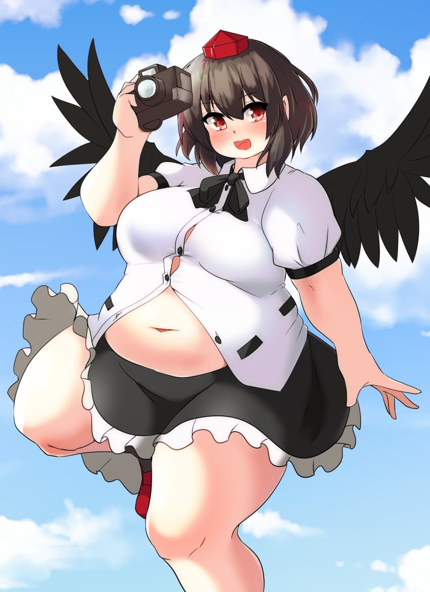 bbw belly_overhang big_belly big_female blush blush camera chubby chubby_female embarrassed fat fat_ass fat_female fat_fetish fat_girl fat_woman fatty large_female nerizou obese obese_female overweight overweight_female pig plump pork_chop shameimaru_aya tengu thick_thighs touhou tubby weight_gain