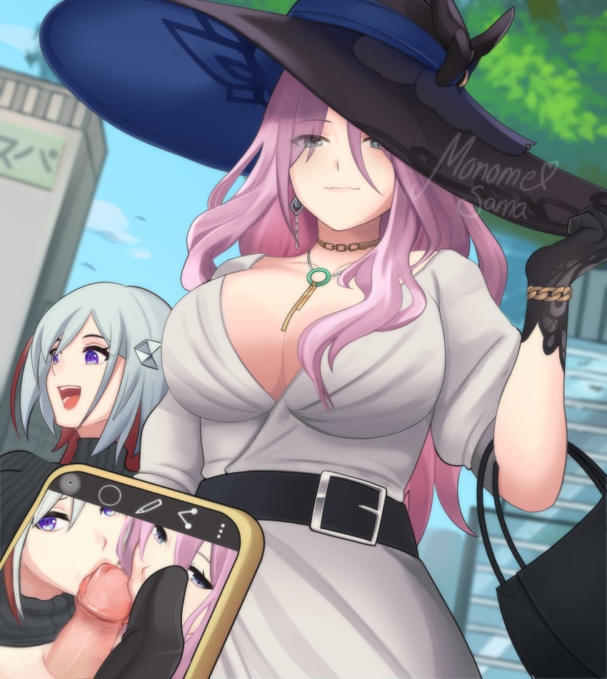 2girls blowjob breasts honkai:_star_rail honkai_(series) jade_(honkai:_star_rail) message multiple_girls phone pov topaz_(honkai:_star_rail)