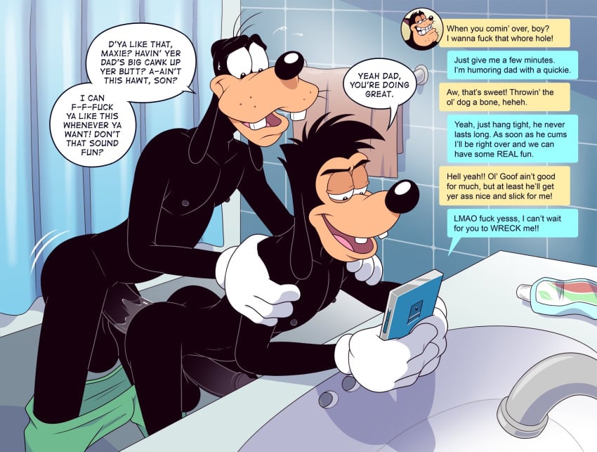 2024 a_goofy_movie anal anal_sex anthro anti_dev ass balls bathroom bathroom_sex bathroom_sink black_balls black_body black_fur black_nose bodily_fluids bottomwear buckteeth canid canine canis cellphone chat_window clothing dialogue digital_media_(artwork) disney domestic_dog duo electronics english_text erection father_(lore) father_and_child_(lore) father_and_son_(lore) father_penetrating_son faucet flying_sweatdrops fur genitals gloves goof_troop goofy_(disney) green_bottomwear green_clothing green_shorts grin handwear hi_res holding_cellphone holding_object holding_phone humanoid_genitalia humanoid_penis incest_(lore) insecure long_ears lowered_shorts lube_on_penis male male/male mammal max_goof narrowed_eyes naughty_face nervous nervous_sweat nude parent_(lore) parent_and_child_(lore) parent_and_son_(lore) penetration penis pete_(disney) phone shorts shoulder_grab shower_curtain smile son_(lore) speech_bubble stuttering sweat sweatdrop tan_face teeth text texting toothpaste_tube towel towel_rack white_clothing white_gloves white_handwear