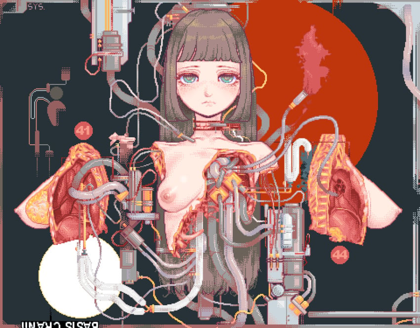 amputee armless_amputee blood blue_eyes blunt_bangs blunt_ends border breasts cable closed_mouth cyborg dithering double_amputee female guro highres hime_cut long_hair looking_at_viewer machinery nipples original pixel_art severed_torso simple_background small_breasts solo toxic_ramen