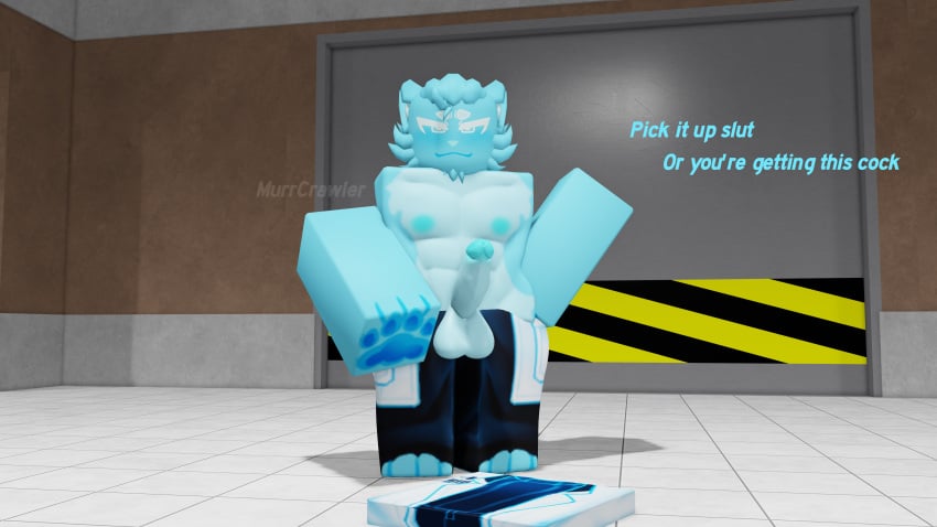 3d 3d_(artwork) byte_(molecular_breakdown) demanding erection male_only molecular_breakdown murrcrawler muscular nipples roblox robloxian shirtless_male speech text watermark xenetic