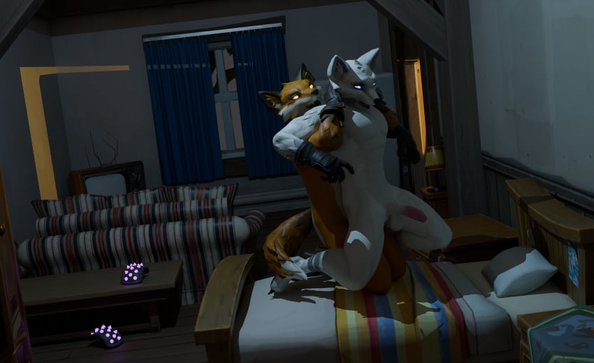 2boys absurd_res anthro arctic_fox balls bed bedroom_sex blue_eyes canid canine clothed clothing duo epic_games fennix_(fortnite) flaccid forced fortnite fox full_nelson furniture gay genitals gloves handwear hi_res incest_(lore) male male/male mammal night orange_eyes pat3awelitas300 penis pillow red_fox true_fox volpez_(fortnite)