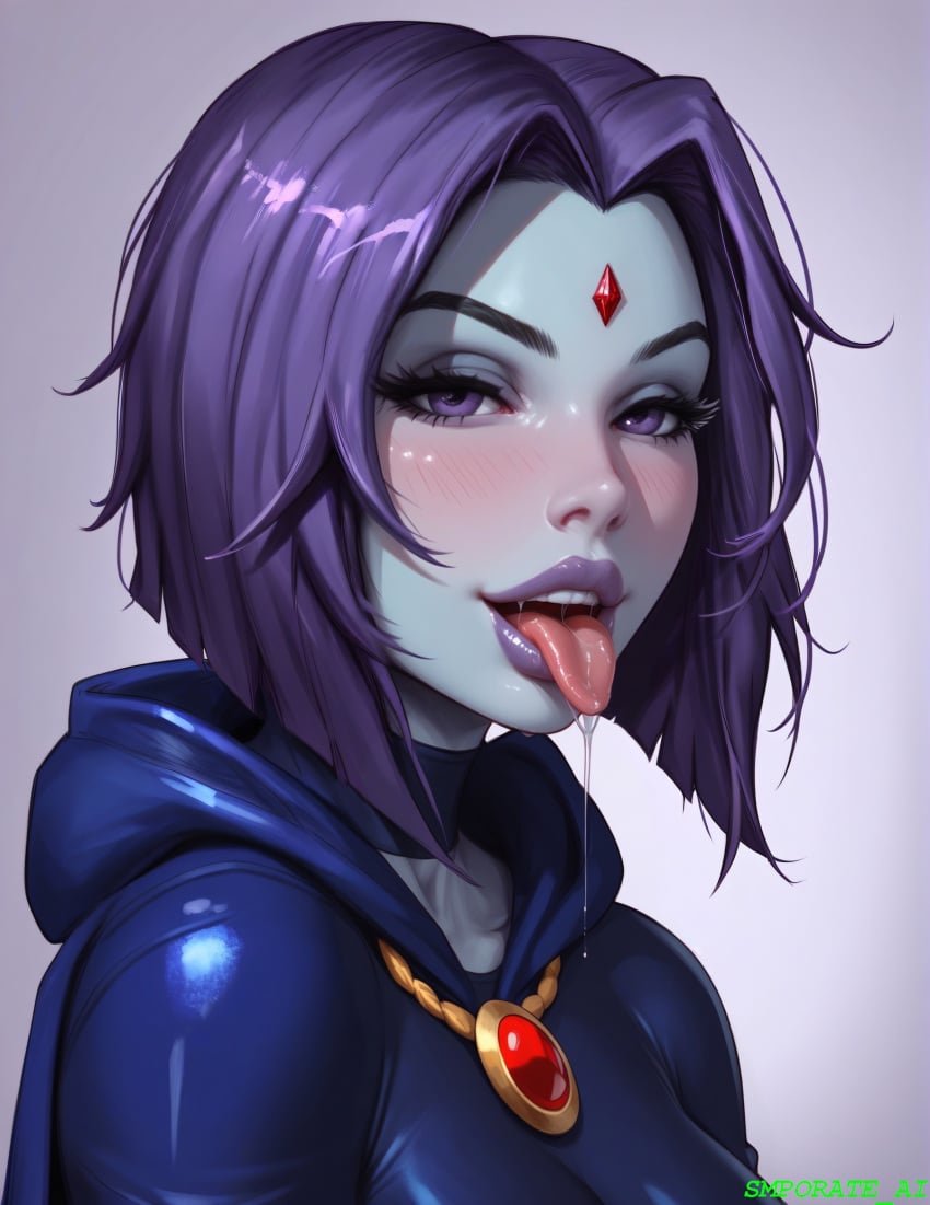 1girls ai_generated dc dc_comics female female_focus female_only forehead_jewel hi_res looking_at_viewer purple_eyes purple_hair purple_lipstick rachel_roth raven_(dc) saliva saliva_drip seductive seductive_look seductive_smile self_upload short_hair smporate_ai sole_female solo stable_diffusion tongue tongue_out