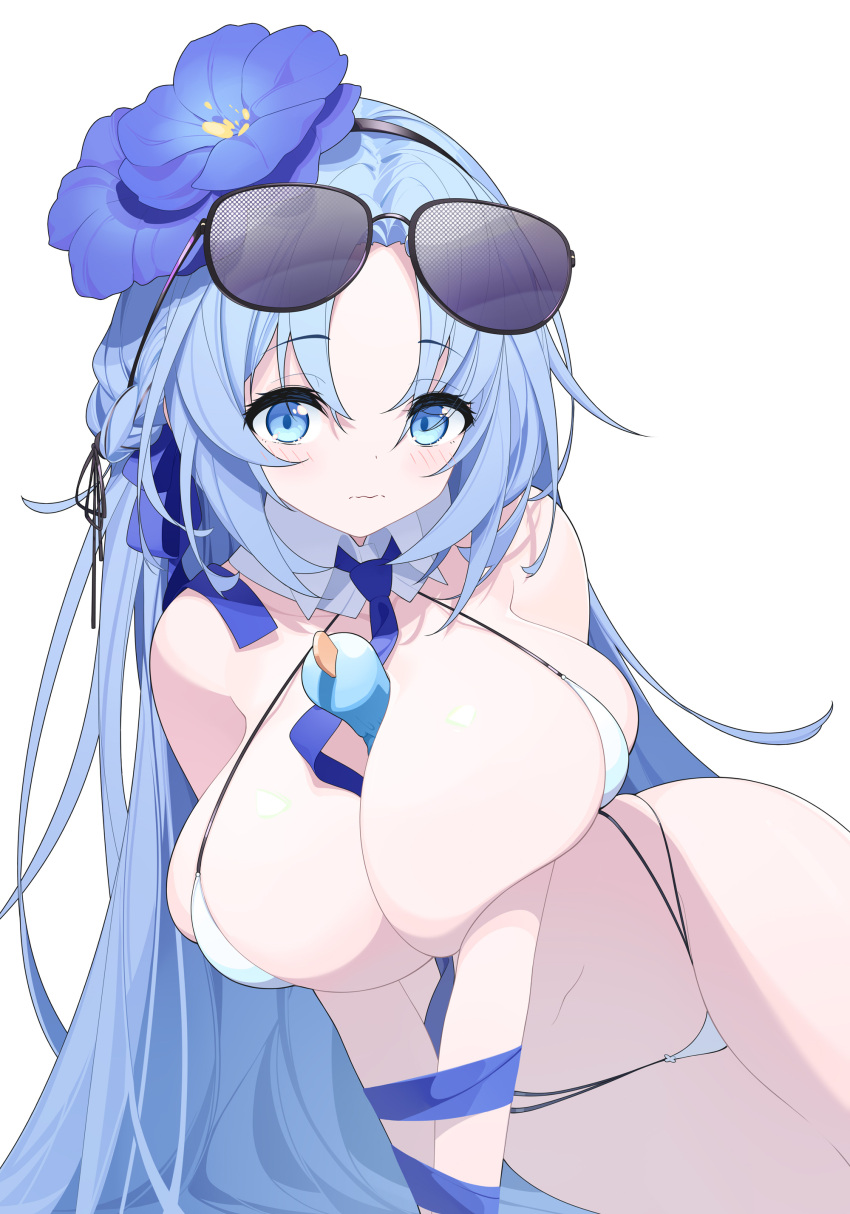 1girls absurdres aiee alsace_(azur_lane) alsace_(heat-beating_summer_sacrament)_(azur_lane) azur_lane between_breasts bikini bikini_bottom_only blue_eyes blue_hair blue_necktie blush breasts detached_collar eyewear_on_head female female_only flower food food_between_breasts hair_flower hair_ornament highres huge_breasts iris_libre_(azur_lane) light-skinned_female light_skin long_hair multi-strapped_bikini_bottom necktie necktie_between_breasts nipples official_alternate_costume popsicle ribbon_between_breasts simple_background solo sunglasses sunglasses_on_head swimsuit white_background white_bikini