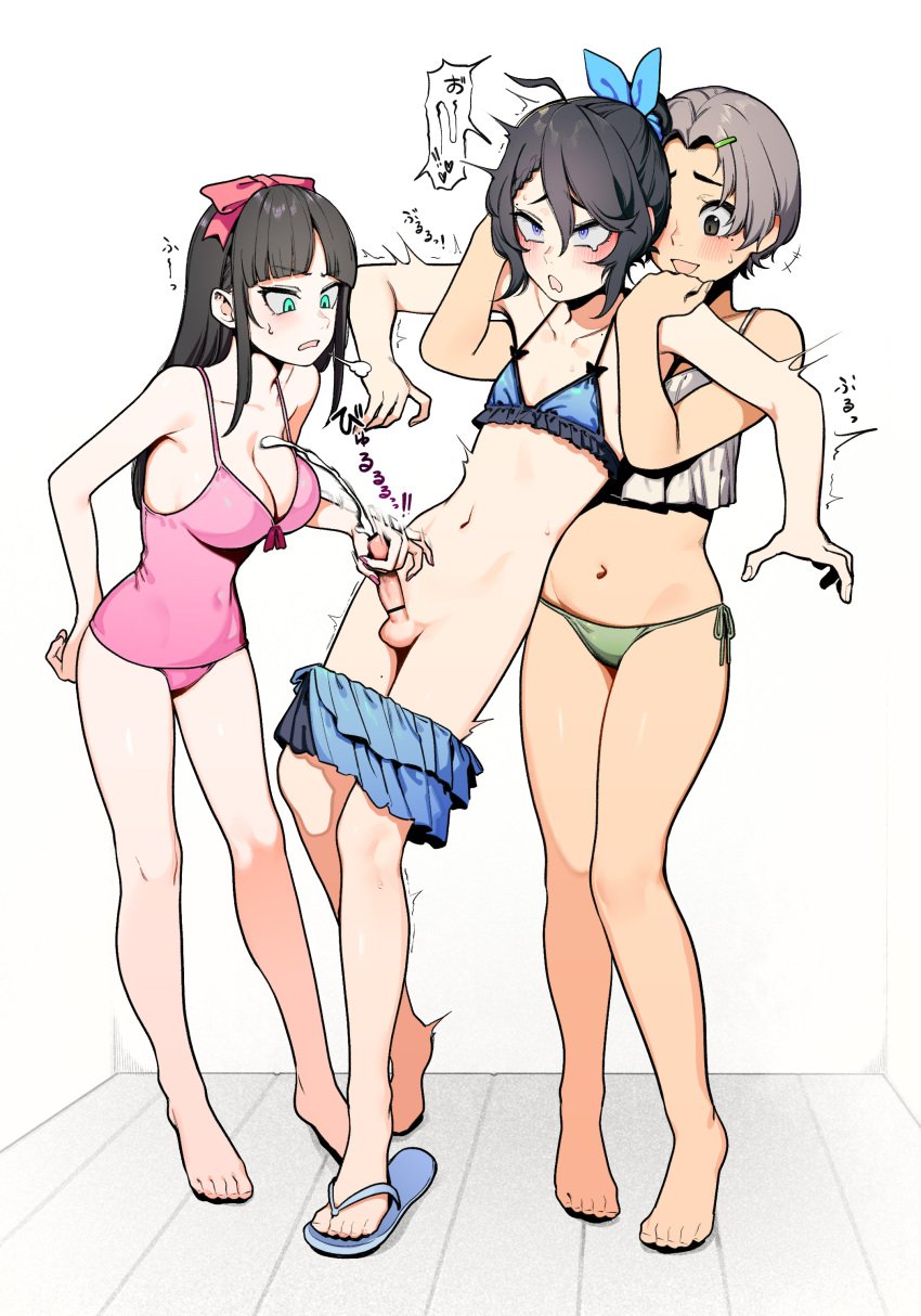 1boy 1femboy 2girls ahe_gao bar_censor barefoot bikini blue_eyes bow crossdressing cum ejaculation embarrassed feet femboy femboy_on_female flip-flops flustered forced green_eyes grey_hair hairbow hairclip happy holding huge_breasts japanese_text kusi_zaki legs light-skinned_femboy long_hair looking_at_another looking_at_penis masturbation oerba_yun_fang original premature_ejaculation red_eyes semen shaking short_hair sigh small_penis testicles toes two-finger_handjob