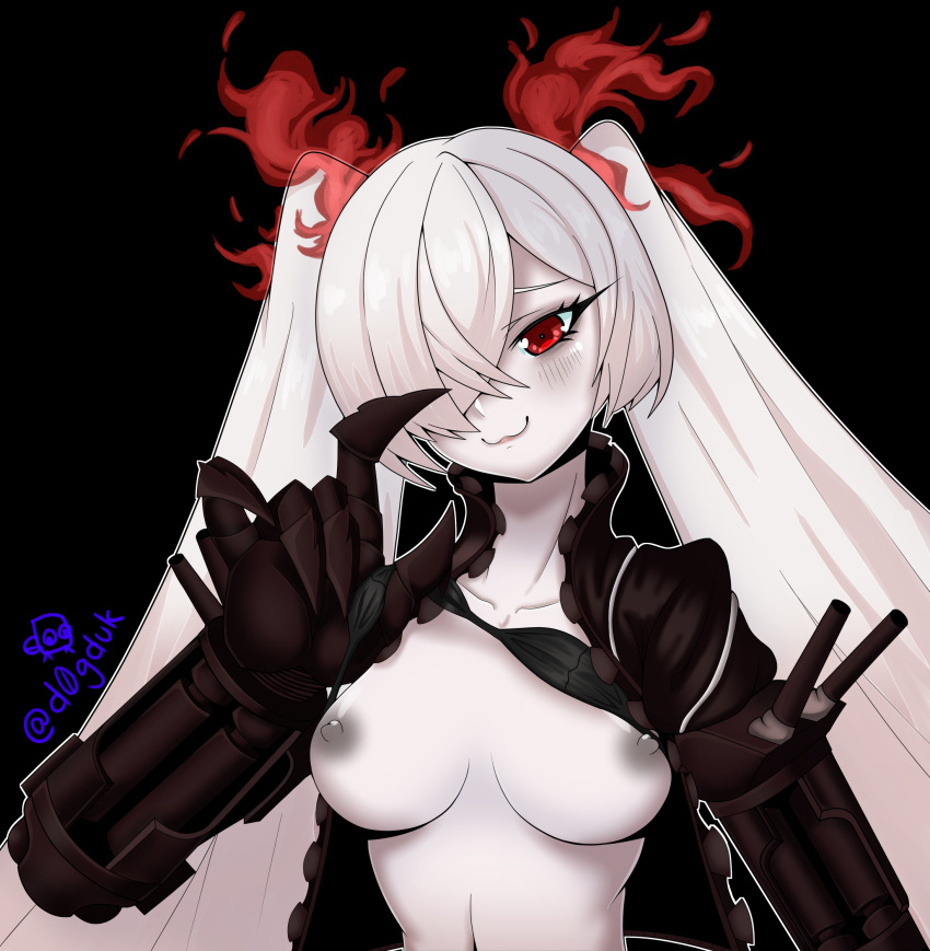 1girls abyssal abyssal_fleet bra bra_lift breasts dead hair_over_one_eye kantai_collection long_hair looking_at_viewer nipples no_bra red_eyes robotic_arm solo southern_demon_princess southern_ocean_oni southern_ocean_war_princess twintails