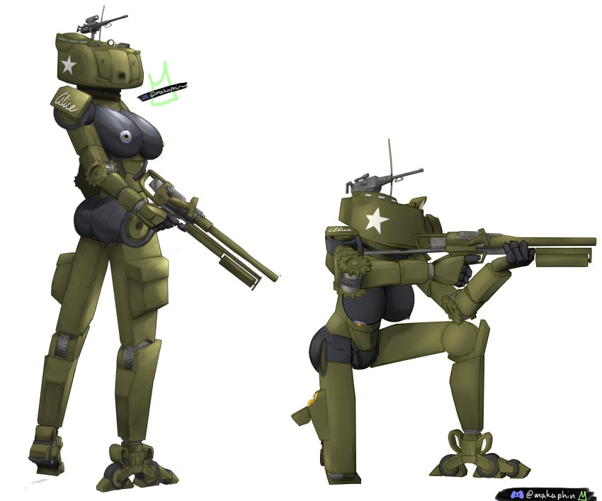 2024 absurd_res ass big_breasts big_butt breasts crouching female full-length_portrait genitals gun hi_res humanoid living_machine living_tank living_vehicle machine makaphin portrait pussy ranged_weapon robot robot_humanoid solo standing tank tankmorph vehicle weapon