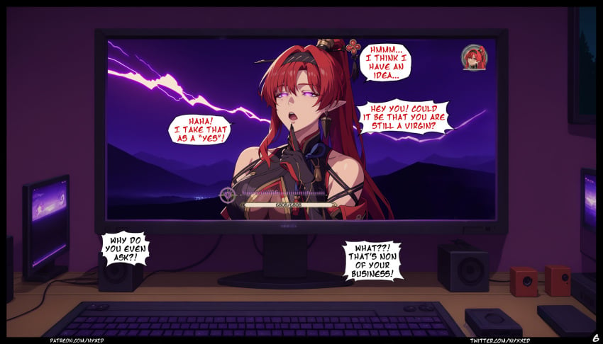 1girls ai_generated cleavage comic comic_page computer english_text female game gaming keyboard nyxworks page_6 page_number red_hair wuthering_waves yinlin_(wuthering_waves)