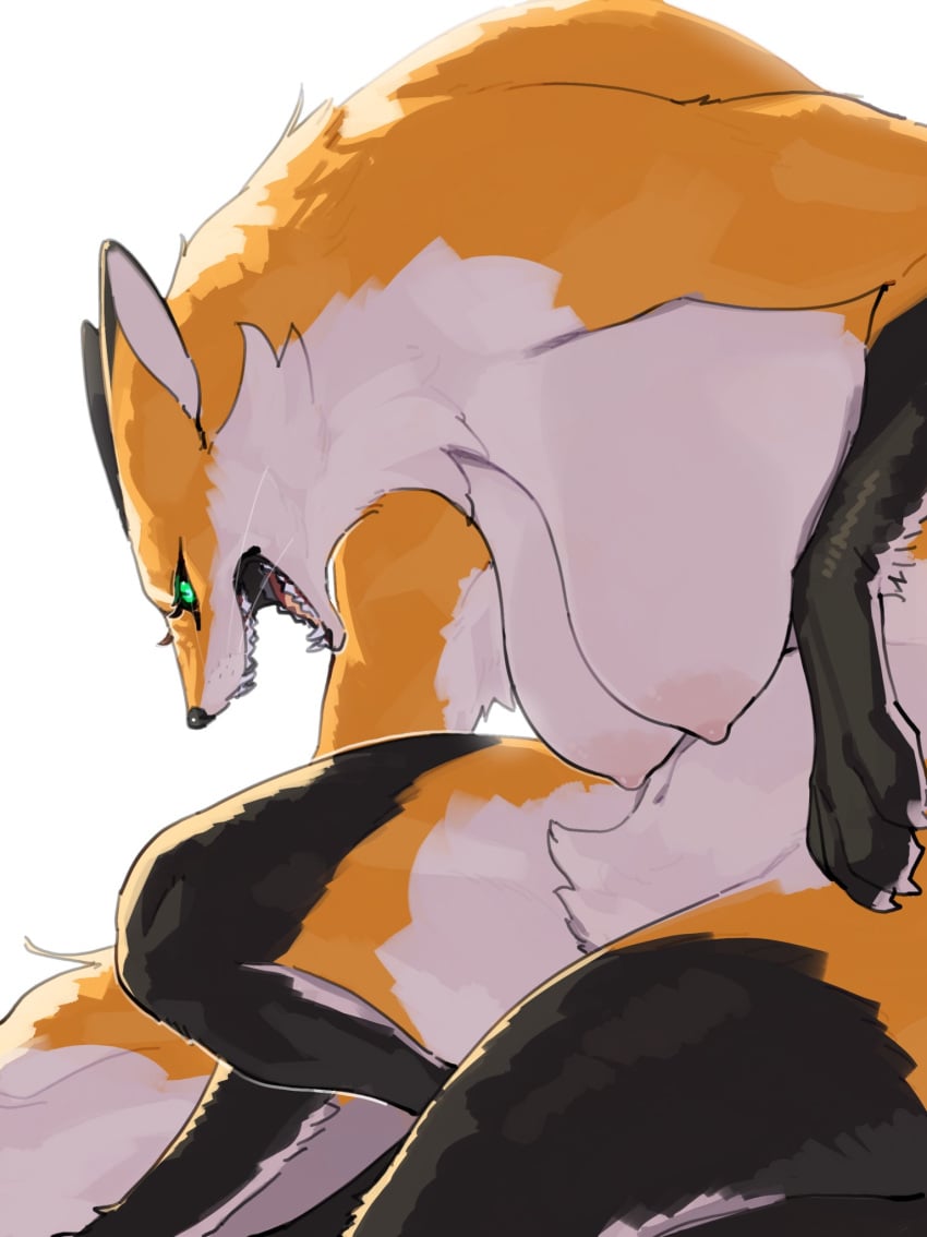 2024 4_fingers anthro areola areolae big_breasts breasts canid canine countershade_torso countershading crotch_tuft female fingers fox fur green_eyes hi_res kame_3 mammal navel nipples nude open_mouth orange_body orange_fur side_view simple_background solo teeth tongue tuft white_background