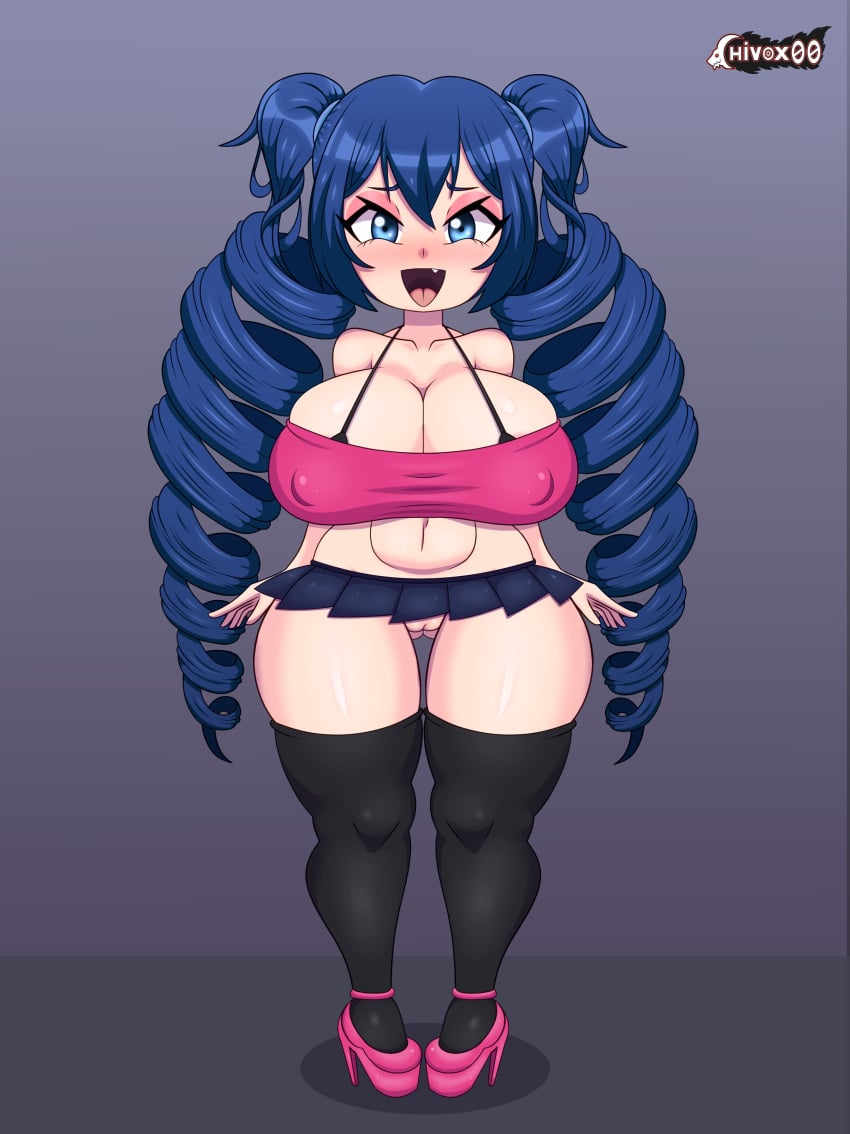 blue_eyes blue_hair bra_strap chivox00 commission commissioner_upload crop_top cute_fang daisycandy huge_ass huge_breasts katey_love microskirt pumps pussy revealing_clothes shortstack stockings twintails