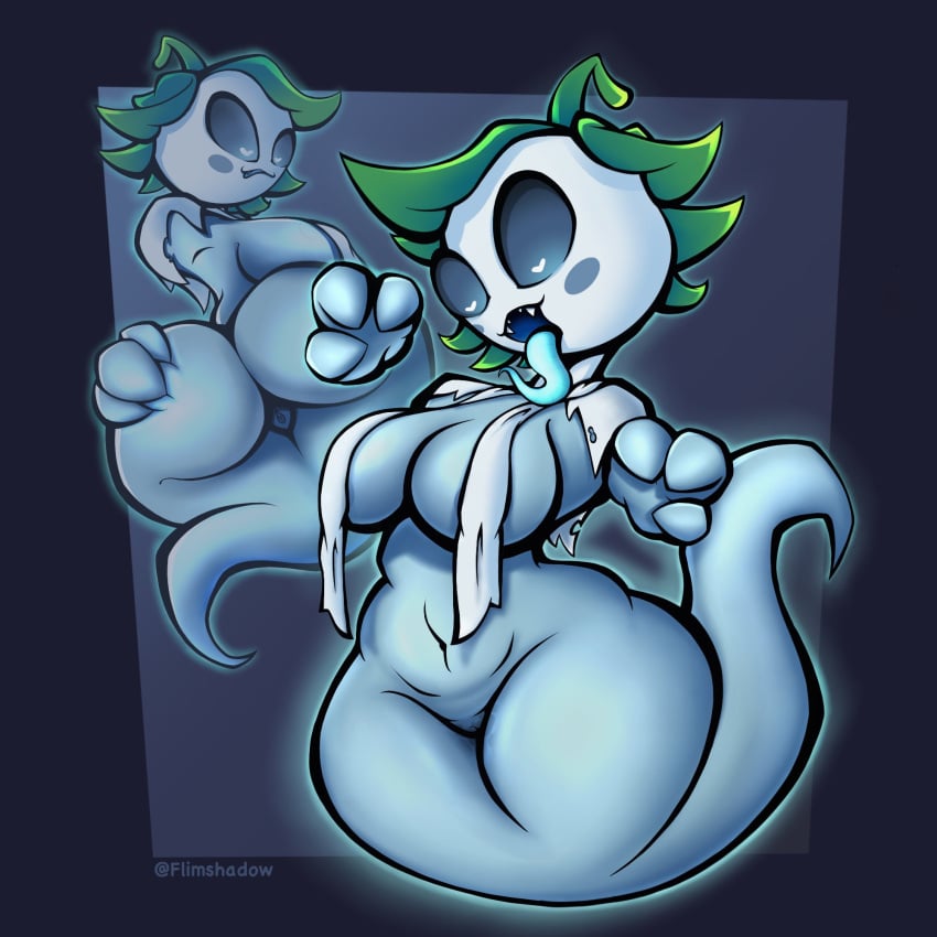 ass belly_button big_ass big_breasts blue_body breasts female female_only flimsadow flimshadow floating flora_fauna ghost ghost_girl ghost_pepper_(pvz) hand_on_butt heart-shaped_pupils nipples_covered plant plant_girl plantie plants_vs_zombies plants_vs_zombies_2:_it's_about_time pussy pvz revealing_clothes teasing tongue