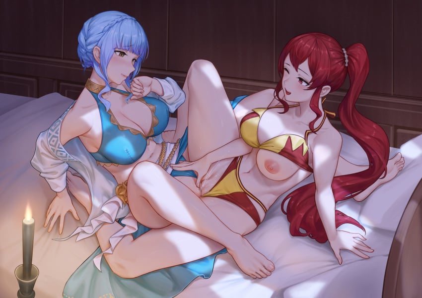 2girls alternate_costume anna_(fire_emblem) anna_(fire_emblem:_three_houses) bare_legs barefoot bed bikini bikini_bottom_aside bikini_top_aside blue_bikini blue_hair blue_hair_female blue_swimsuit blush boobs braid breasts breasts_out candle censored cleavage clitoral_stimulation clothed_sex clothing_aside crown_braid feet female female/female female_ejaculation female_on_female female_only fire_emblem fire_emblem:_three_houses fire_emblem_awakening fire_emblem_heroes girl_on_girl girls girls_only indoors large_breasts legs lesbian lesbian_sex marianne_von_edmund marianne_von_edmund_(summer) mosaic_censoring multiple_girls nintendo nipples official_alternate_costume on_bed one_breast_out only_female pussy pussy_juice pussy_on_pussy red_hair red_hair_female scissoring sex side_ponytail smile soles sweat swimsuit toes tribadism underwear_aside variant_set yuri zero_a