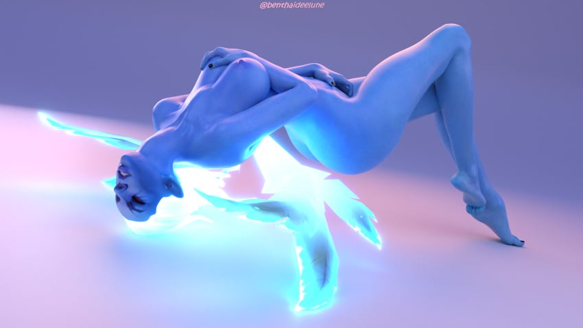 1girls 3d 3d_(artwork) ass benthaideelune black_nails blender blue_body blue_skin breasts clenched_teeth curvy dota_2 feet female nude_female pleasured red_eyes solo tagme vengeful_spirit white_hair wings