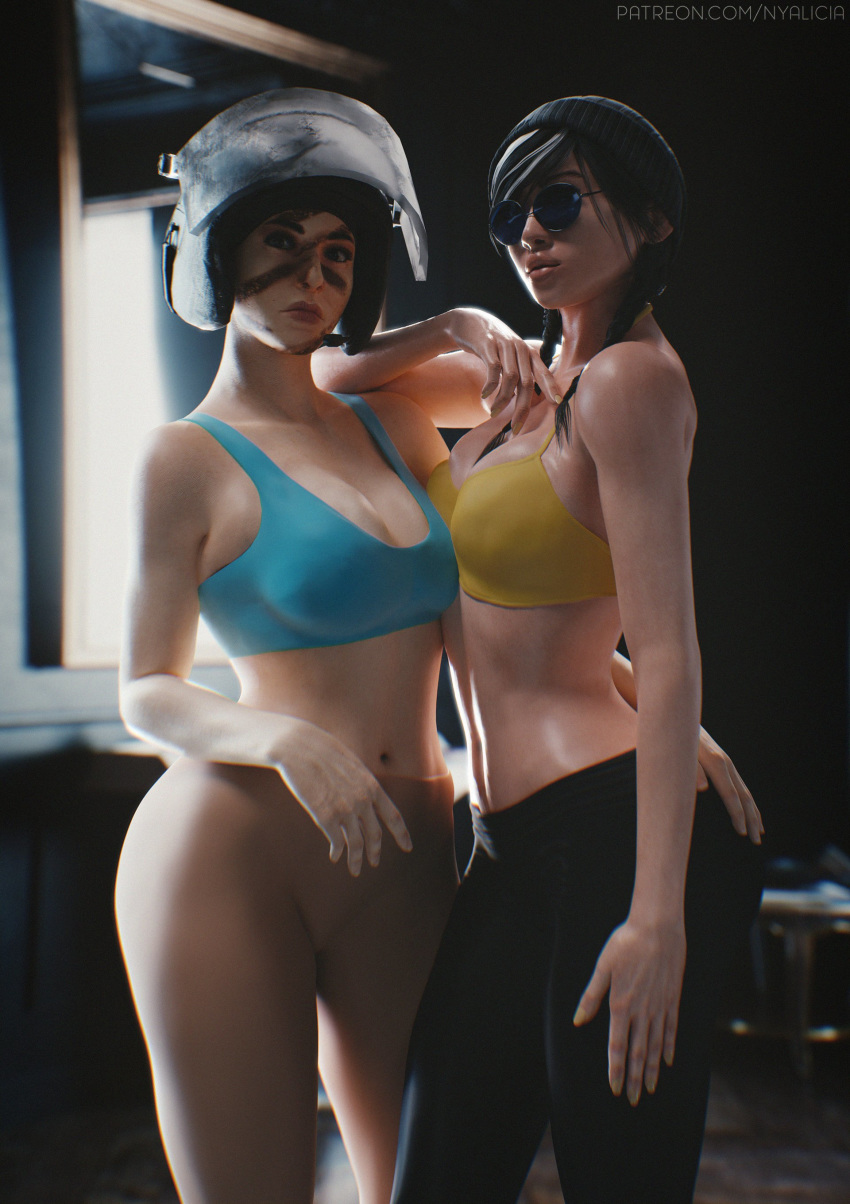 2019 2girls 3d blender blue-tinted_eyewear breasts cleavage dokkaebi_(rainbow_six) female female_only mira_(rainbow_six) nyalicia rainbow_six rainbow_six_siege sports_bra sunglasses tinted_eyewear tom_clancy white_skin yoga_pants