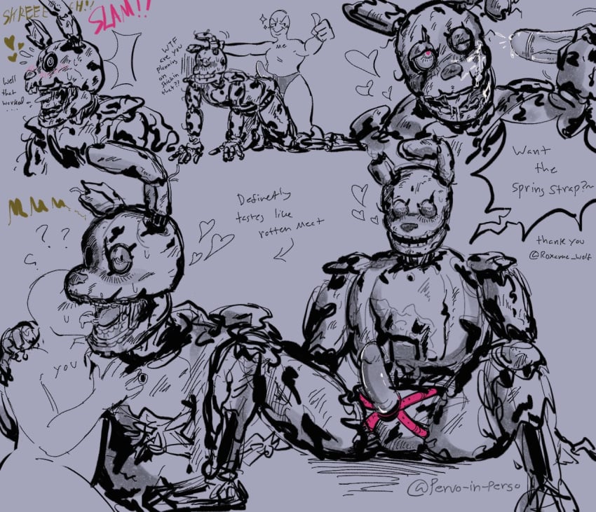 2023 ambiguous_gender ambiguous_penetration anthro anthro_focus anthro_only bigger_male cracked_skin cum cum_on_face cumming digital_media_(artwork) dildo drool drooling ejaculating_cum ejaculation english english_text exposed_endoskeleton five_nights_at_freddy's five_nights_at_freddy's_3 gay heart-shaped_pupils kissing lagomorph lagomorph_humanoid leporid leporid_humanoid male male_anthro male_focus monster orgasm penis pergo_(artist) rabbit scottgames sex sex_toy springtrap springtrap_(fnaf) text tongue tongue_kiss