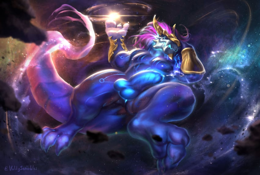 absurd_res anthro anus asian_mythology ass aurelion_sol aurelion_sol_(lol) balls biceps big_butt blue_body bodily_fluids claws detailed_background digital_media_(artwork) dragon dripping east_asian_mythology eastern_dragon erection genital_fluids genitals hair hi_res league_of_legends leaking_precum looking_at_viewer male muscular muscular_anthro muscular_male muscular_thighs mythological_creature mythological_scalie mythology nipples nude pecs penis precum precum_drip riot_games scalie solo space tail tencent triceps voldyscribbles