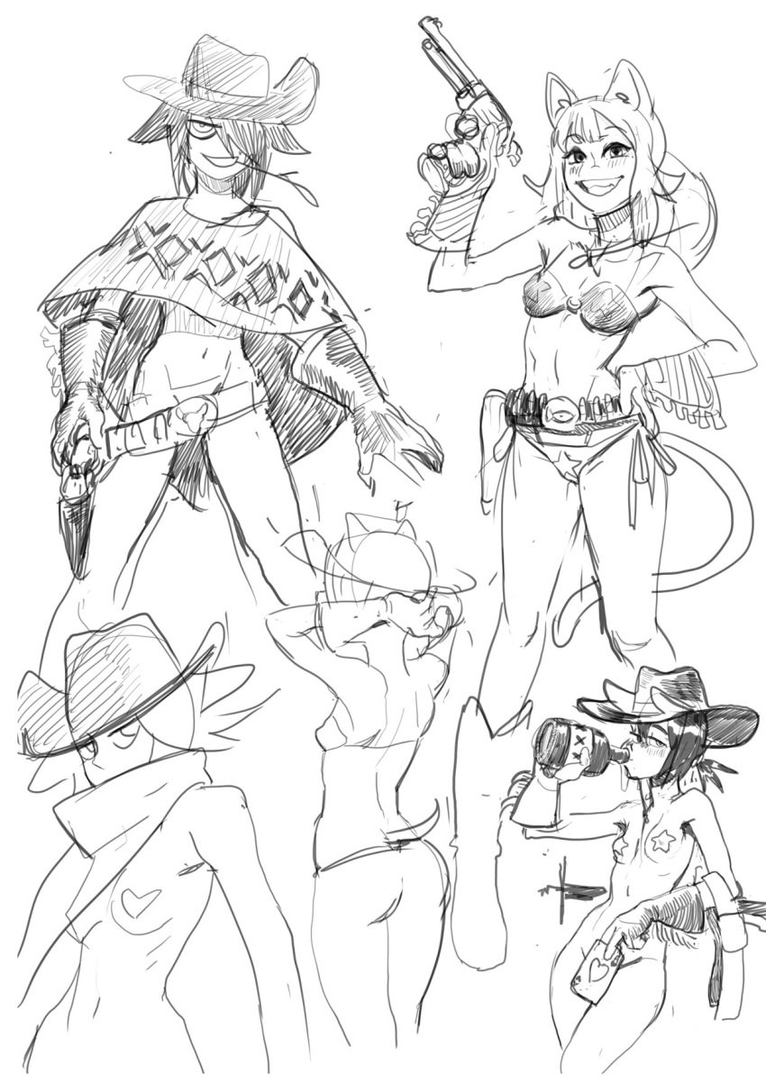 2girls alcoholic_drink ass belt bikini breasts casual cat_ears cat_tail catgirl character_request colo cowboy_hat exposed_torso firearm footwear gloves gun hair_over_one_eye handgun handwear holster human jane_abigail_mori monochrome nude pale_skin pasties playing_card poncho revolver sketch star_pasties tactical_nudity taped_nipples weapon