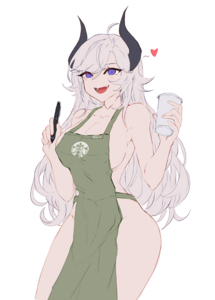 1girl 1girls apron_only blue_eyes coffee_cup horns starbucks tagme white_background white_hair