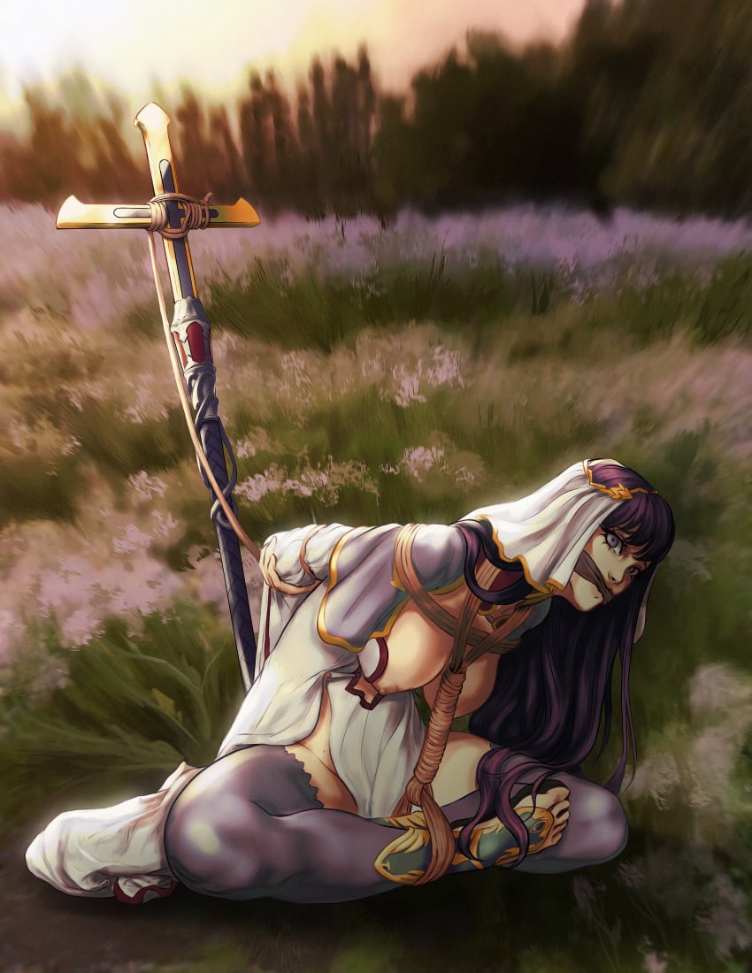 1girls arms_behind_back arms_tied arms_tied_behind_back blue_eyes bondage breasts breasts_out circlet commission commission_art commissioner_upload cross cross-legged crossed_legs european_mythology fate/grand_order fate_(series) field field_background flowers flowers_in_background folklore gag gagged gagged_female hunched_over large_breasts legs_tied looking_at_viewer mythology nipples public_domain puppyinanappy purple_hair rope rope_between_breasts rope_bondage saint_martha sandals sitting staff tagme thick_thighs thigh_highs thighhighs thighs toes veil