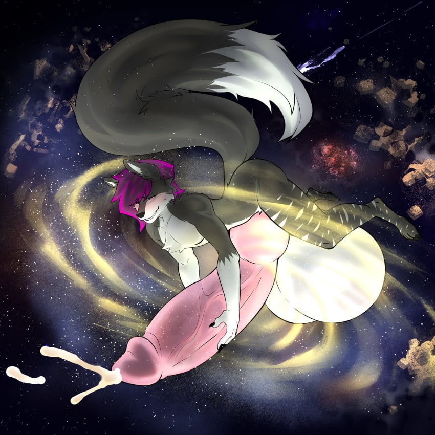 absurd_res anthro astronomical_hyper balls big_balls big_penis blush bodily_fluids canid canine cum fox galaxy genital_fluids genitals hi_res huge_balls huge_cock hyper hyper_balls hyper_genitalia hyper_penis leaking_cum leechpup lucanus_(thatfoxluca) male mammal masturbation penis solo space