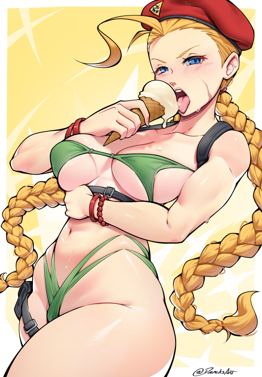 1girls 2024 2d ahoge athletic athletic_female beret bikini blonde_female blonde_hair blue_eyes blush blush_lines blushing blushing_at_viewer bracelet braid braided_hair braided_twintails breasts cammy_white capcom cleavage color dracksart facial_scar female female_only green_bikini hat headgear headwear hi_res holding_food holding_object ice_cream ice_cream_cone light-skinned_female light_skin long_hair looking_at_viewer muscular muscular_female navel open_mouth red_beret red_headwear solo solo_female standing street_fighter swimsuit swimwear thick_thighs thighs tied_hair tongue tongue_out twin_braids twintails wet wet_body wet_skin wide_hips yellow_background