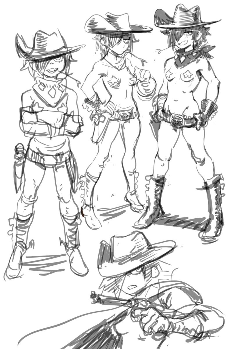 1girls belt boots breasts casual colo cowboy_hat exposed_torso firearm footwear gun gun_holster hair_over_one_eye handgun handwear holster human jane_abigail_mori looking_at_viewer monochrome multiple_views nude pale_skin pasties revolver sketch smile star_pasties tactical_nudity taped_nipples weapon