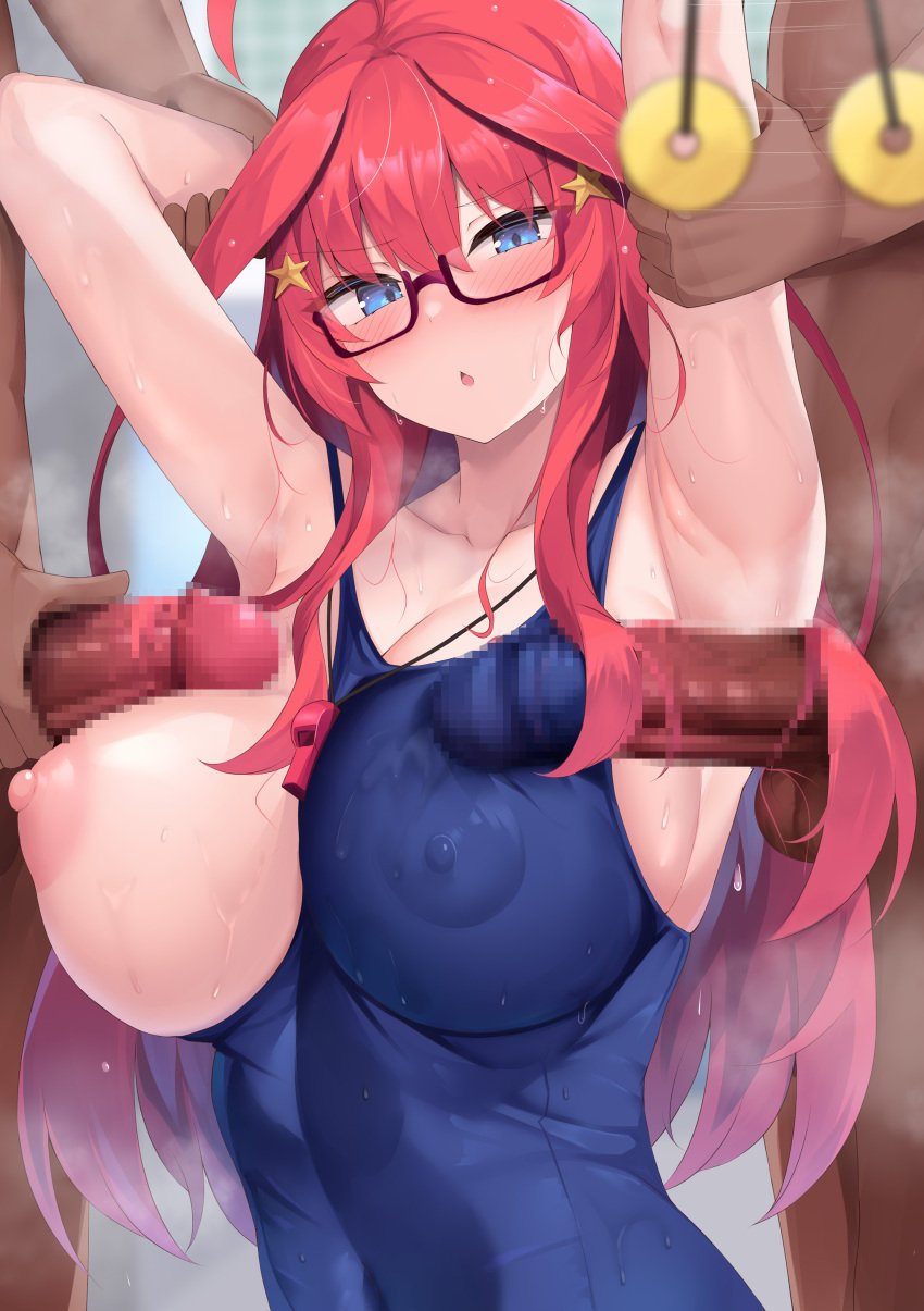 3boys absurdres ahoge armpit_sex arms_up blue_eyes blue_one-piece_swimsuit blush breasts censored coin coin_on_string female glasses go-toubun_no_hanayome hair_ornament highres holed_coin huge_breasts hypnosis long_hair micosivaa mind_control mosaic_censoring multiple_boys multiple_penises nakano_itsuki nipples one-piece_swimsuit pendulum penis red_hair school_swimsuit star_(symbol) star_hair_ornament straight sweat swimsuit whistle whistle_around_neck