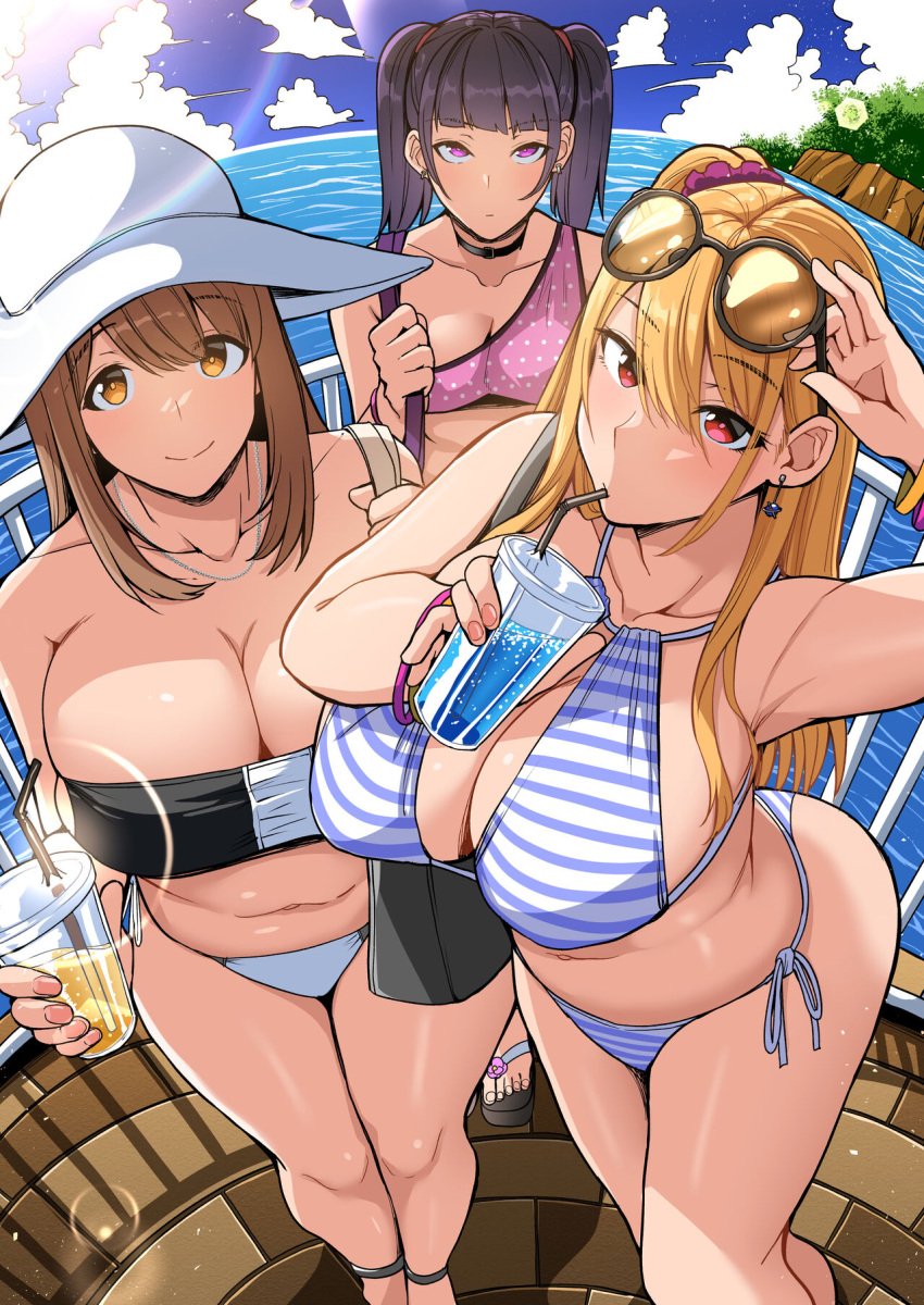 ahe_gao big_areola big_breasts bikini blindfold blowjob bondage collar ffm_threesome glasses group gyaru harem kimono mosaic_censoring nakadashi ponytail sole_male suinose swimsuit twintails