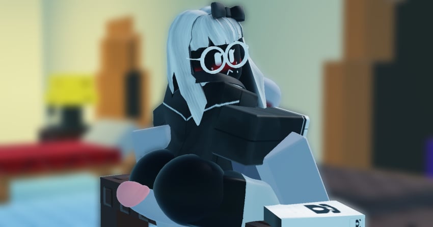 1girls 3d betty_(the_battle_bricks) black_body blush bowtie bowtie_on_head freckles glasses grey_body on_table roblox roblox_game robloxian self_upload sex the_battle_bricks tumore white_hair wompwompsad