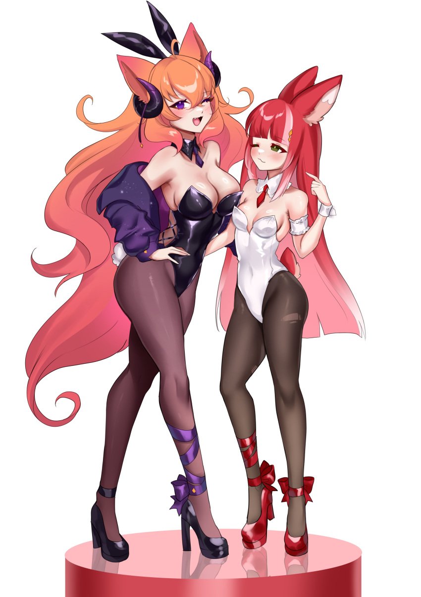 animal_ears blush bunny_ears bunny_tail bunnysuit gumae horns large_breasts long_hair miu_zr orange_hair red_hair smile virtual_youtuber