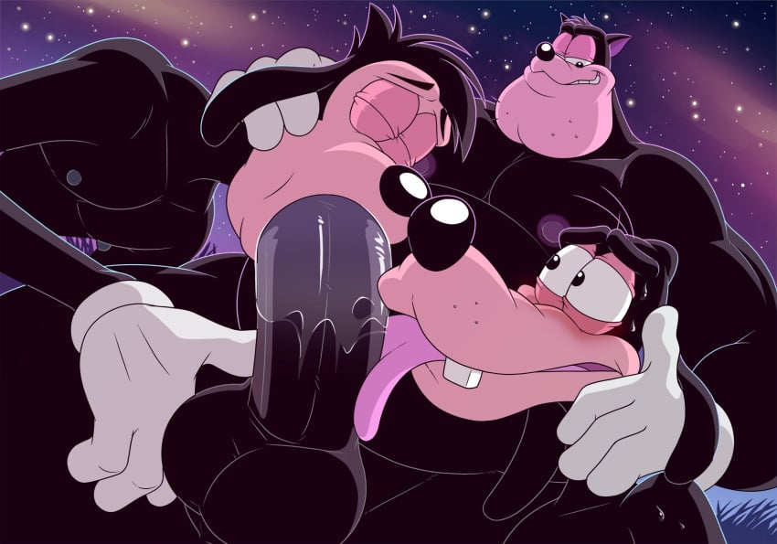 anthro anti_dev balls canid canine canis disney domestic_cat domestic_dog felid feline felis fellatio genitals goof_troop goofy_(disney) group hi_res licking male male/male mammal max_goof oral penile penis penis_lick peter_pete_sr. public_domain sex sky star starry_sky tongue trio