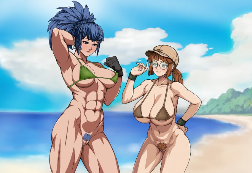 2girls abs areolae beach big_breasts bikini bikini_top blue_eyes blue_hair bottomless brown_bikini brown_hair commentary cowboy_shot earrings female female_only female_pubic_hair fio_germi glasses gloves green_bikini hairy hat height_difference huge_breasts innie_pussy king_of_fighters leona_heidern long_hair matching_hair/eyes metal_slug multiple_girls muscular muscular_female navel ocean onechiao outdoors ponytail pubic_hair pussy sidelocks sky snk standing toned toned_female uncensored variant_set