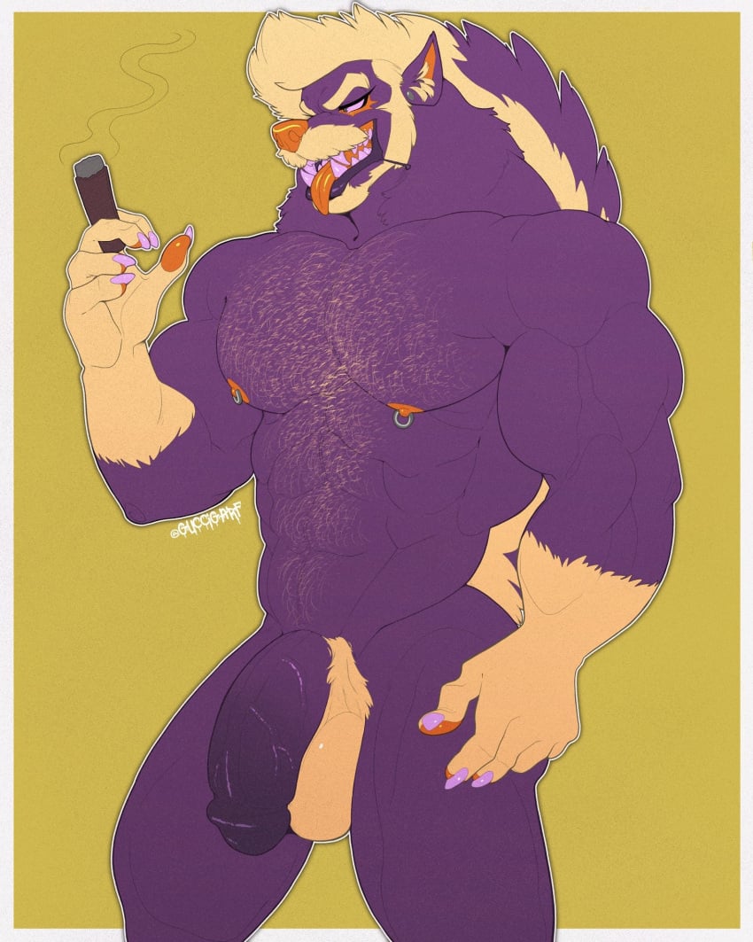 anthro archer_the_skunk balls big_penis cigar claws genitals guccigarf hi_res humanoid_genitalia humanoid_penis male mammal manly mephitid muscular muscular_anthro muscular_male nipple_piercing nipples nude pawpads penis piercing purple_body skunk solo teeth tongue tongue_out vein veiny_penis