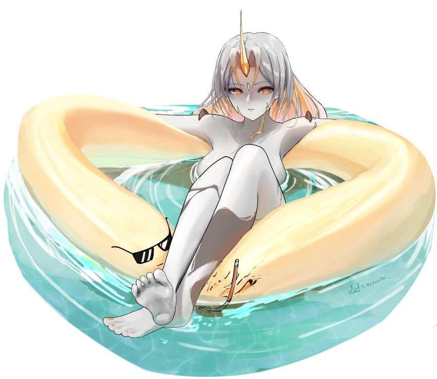 1girls absurdres artist_name barefoot big_breasts breasts feet feet_up fire_emblem fire_emblem_heroes grey_hair gullveig_(fire_emblem) gullveig_(summer)_(fire_emblem) highres horn horns in_water innertube large_breasts long_hair looking_at_viewer multicolored_hair nephing nintendo nude nude_female on_innertube orange_eyes orange_hair pale-skinned_female pale_skin parted_lips single_horn snorkel solo sunglasses swim_ring two-tone_hair water yellow_eyes