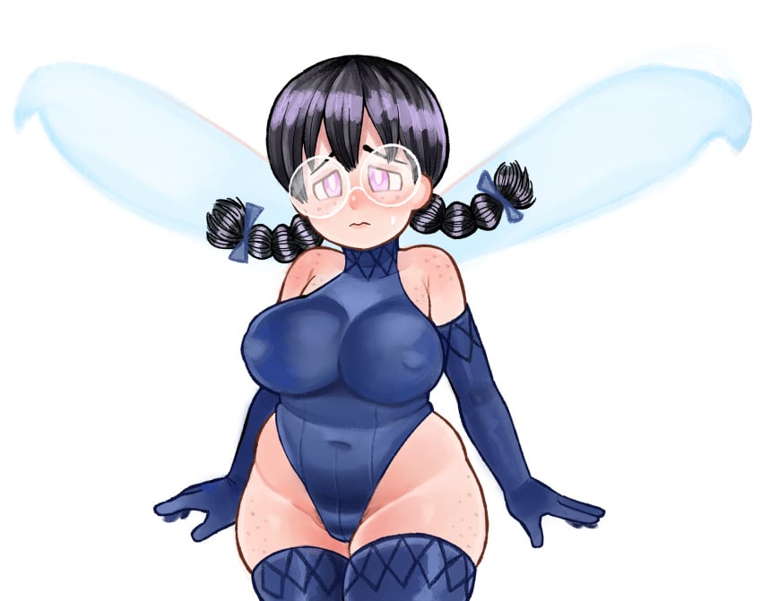 1girls 2024 2x alternate_costume belly belly_button big_breasts black_hair blush breasts chubby chubby_female clothed clothing cosplay elbow_gloves european_mythology fairy female glasses kirby_(series) large_breasts leotard monster monster_girl mythology nintendo nipple_bulge pixie_(megami_tensei) public_domain purple_eyes queen_ripple shy solo standing thick thick_thighs tight_clothing twin_braids