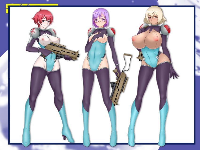 blonde_hair exposed_breasts glasses guns helmet_removed high_heel_boots high_heels huge_breasts large_breasts light-skinned_female medium_breasts original_characters pale-skinned_female purple_hair red_hair rifle short_hair spacesuit tan-skinned_female weapon weapons