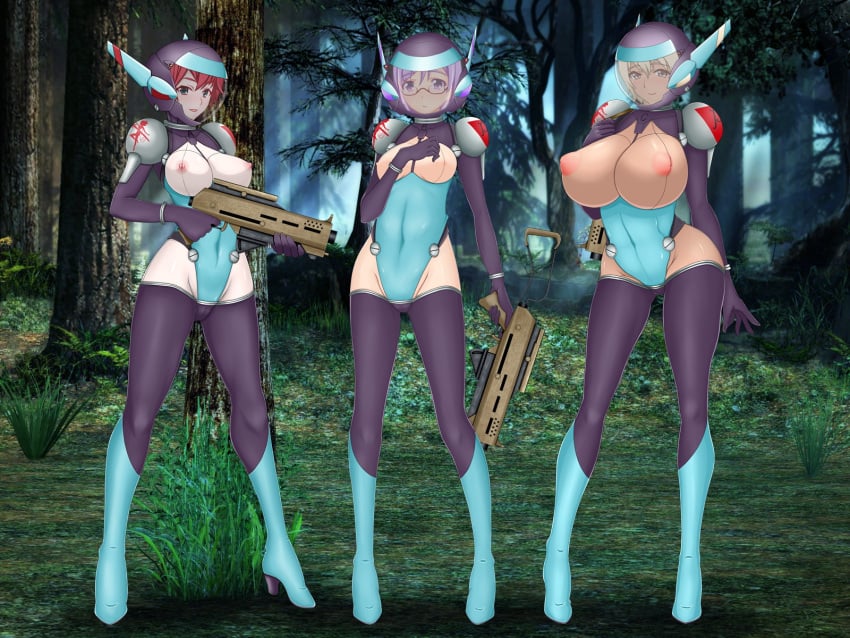 blonde_hair exposed_breasts glasses guns helmet_removed high_heel_boots high_heels huge_breasts large_breasts light-skinned_female medium_breasts original_characters pale-skinned_female purple_hair red_hair rifle short_hair spacesuit tan-skinned_female weapon weapons