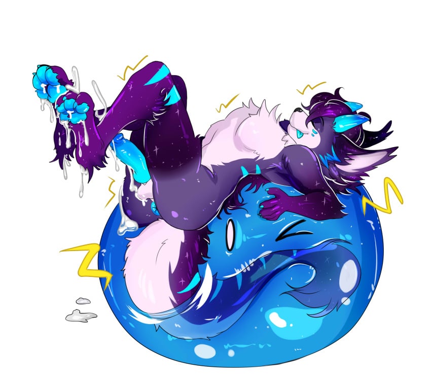 absurd_res anthro blue_paws blue_stripes canid canine canis dragon duo fenrisloxias goo_creature hi_res hybrid male mammal mythological_creature mythological_scalie mythology purple_body rekkat scalie slime space stripes wolf