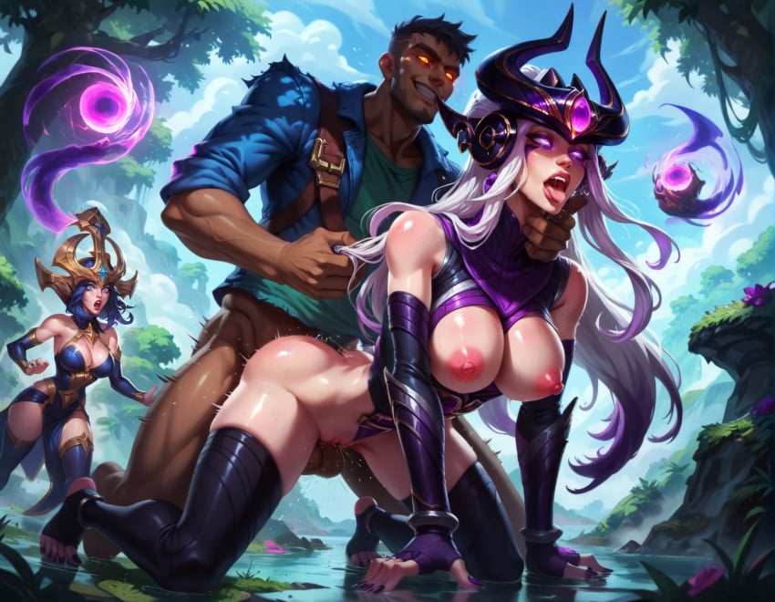 ai_generated clothed_sex dark-skinned_male from_behind hand_on_neck league_of_legends ligma_balls minecraft public rape steve_(minecraft) stirrup_legwear syndra