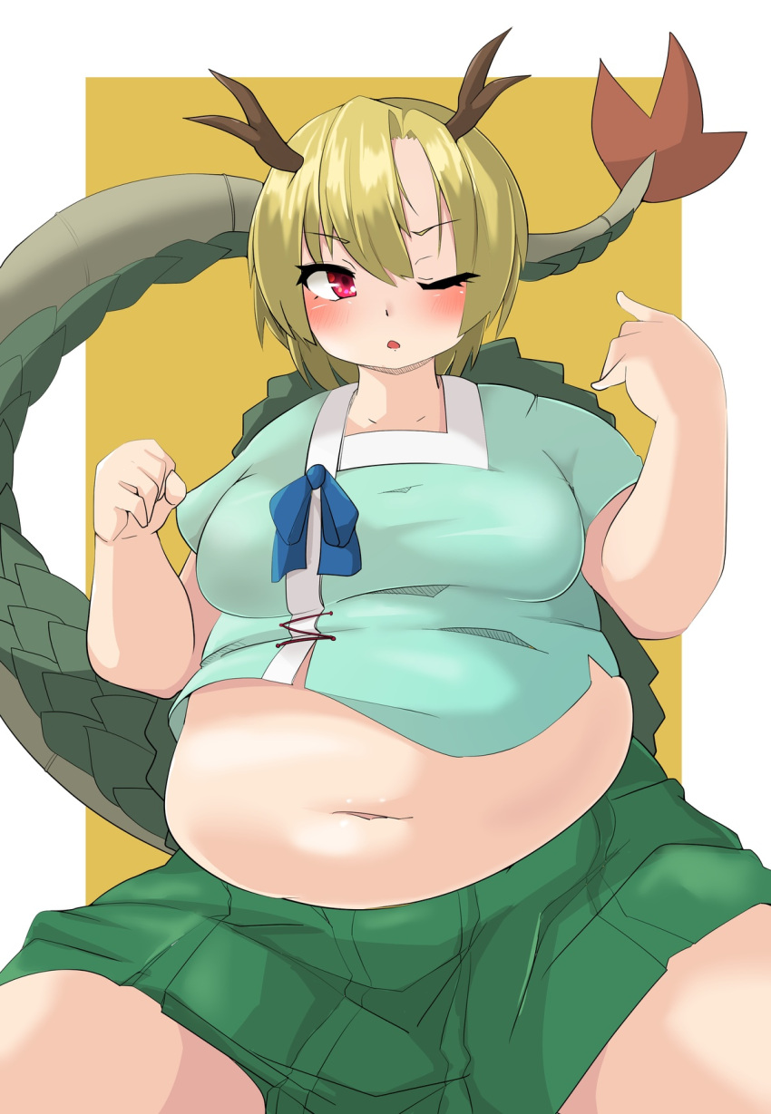 bbw belly_overhang big_belly big_female blush blush chubby chubby_female embarrassed fat fat_ass fat_female fat_fetish fat_girl fat_woman fatty kicchou_yachie large_female nerizou obese obese_female one_eye_closed overweight overweight_female pig plump pork_chop tail thick_thighs touhou tubby weight_gain