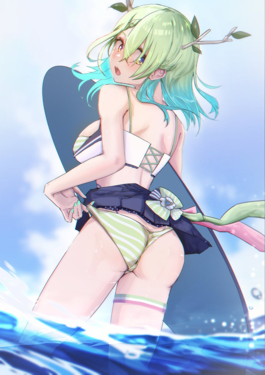 1girls 2d 2d_(artwork) accidental_exposure alternate_costume ass back back_view big_breasts bikini_bottom bikini_top bra branches ceres_fauna clouds day female female_focus female_only green_bikini green_bikini_bottom green_bikini_top green_hair high_resolution highres hololive hololive_english hololive_english_-council- hololive_english_-promise- horns hourglass_figure light-skinned_female light_skin looking_back miniskirt ocean official_alternate_costume short_hair sky solo solo_female solo_focus standing standing_in_water summer thong thong_bikini two_piece_swimsuit two_tone_hair virtual_youtuber vtuber vtuberfanart water yellow_eyes young younger_female