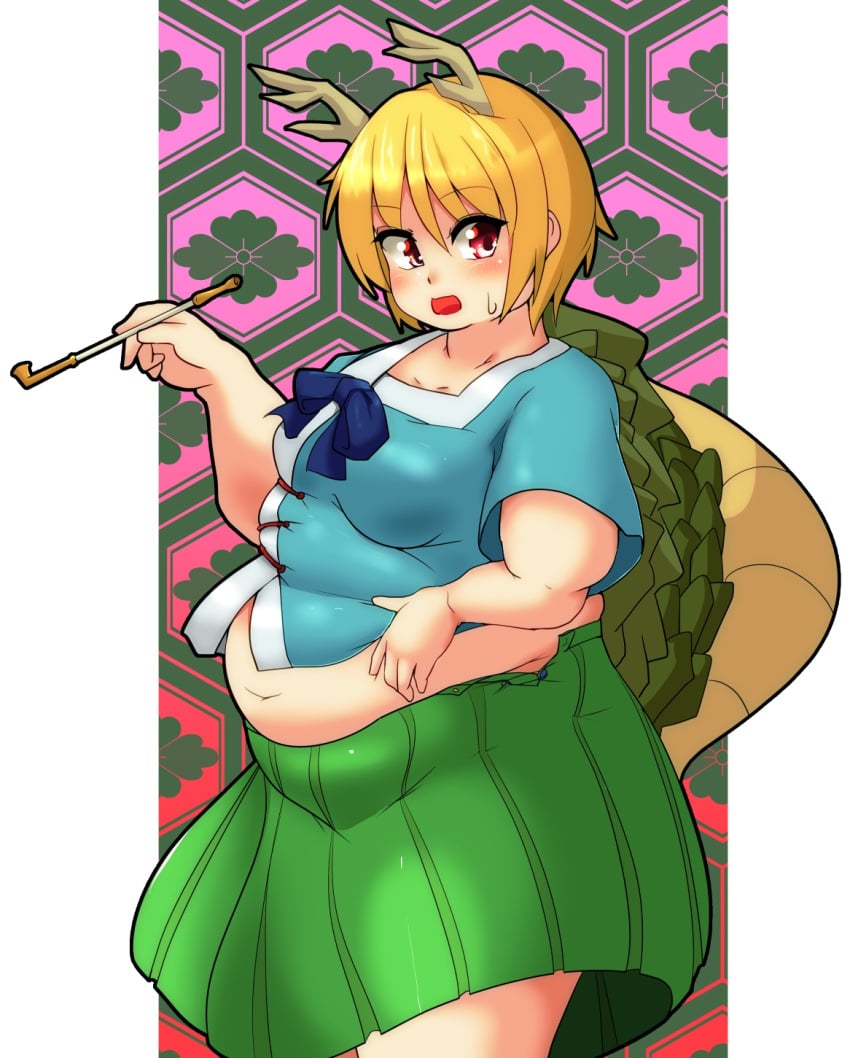 bbw belly_overhang big_belly big_female blonde_hair blush chubby chubby_female embarrassed fat fat_ass fat_female fat_fetish fat_girl fat_woman fatty hand_on_belly kicchou_yachie large_female nerizou obese obese_female overweight overweight_female pig plump pork_chop tail thick_thighs touhou tubby weight_gain